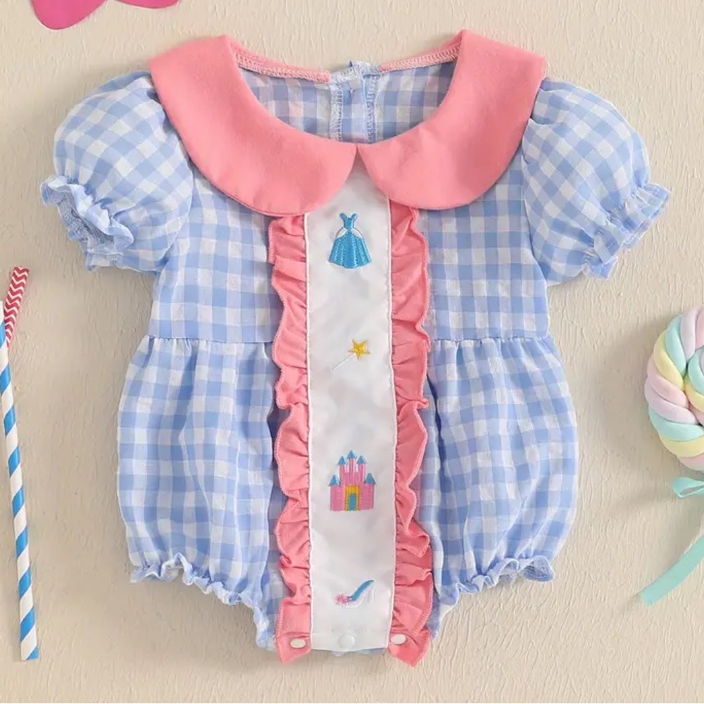 Princess Castle Disney Design Pink & Blue Gingham 6-12 Months Peter Pan Collar